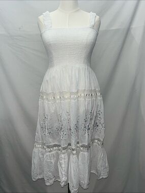 White Smocked Maxi Dress with Embroidered Tiers